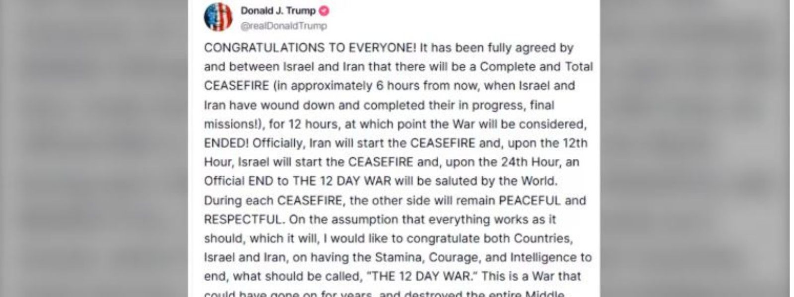 Trump Announces Full Iran-Israel Ceasefire